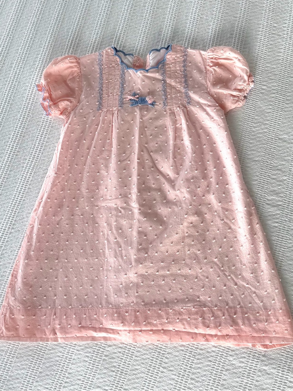 Pink Swiss Dot Girls' Puff Sleeve Dress with Blue Trim